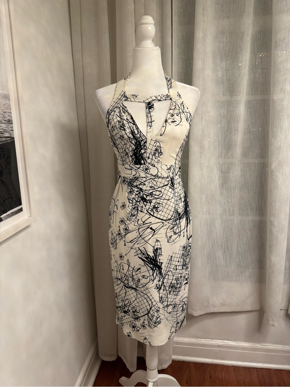 Cushnie Et Ochs Sexy Midi Halter Dress with Artistic Black Sketch Print - Picture 2 of 12